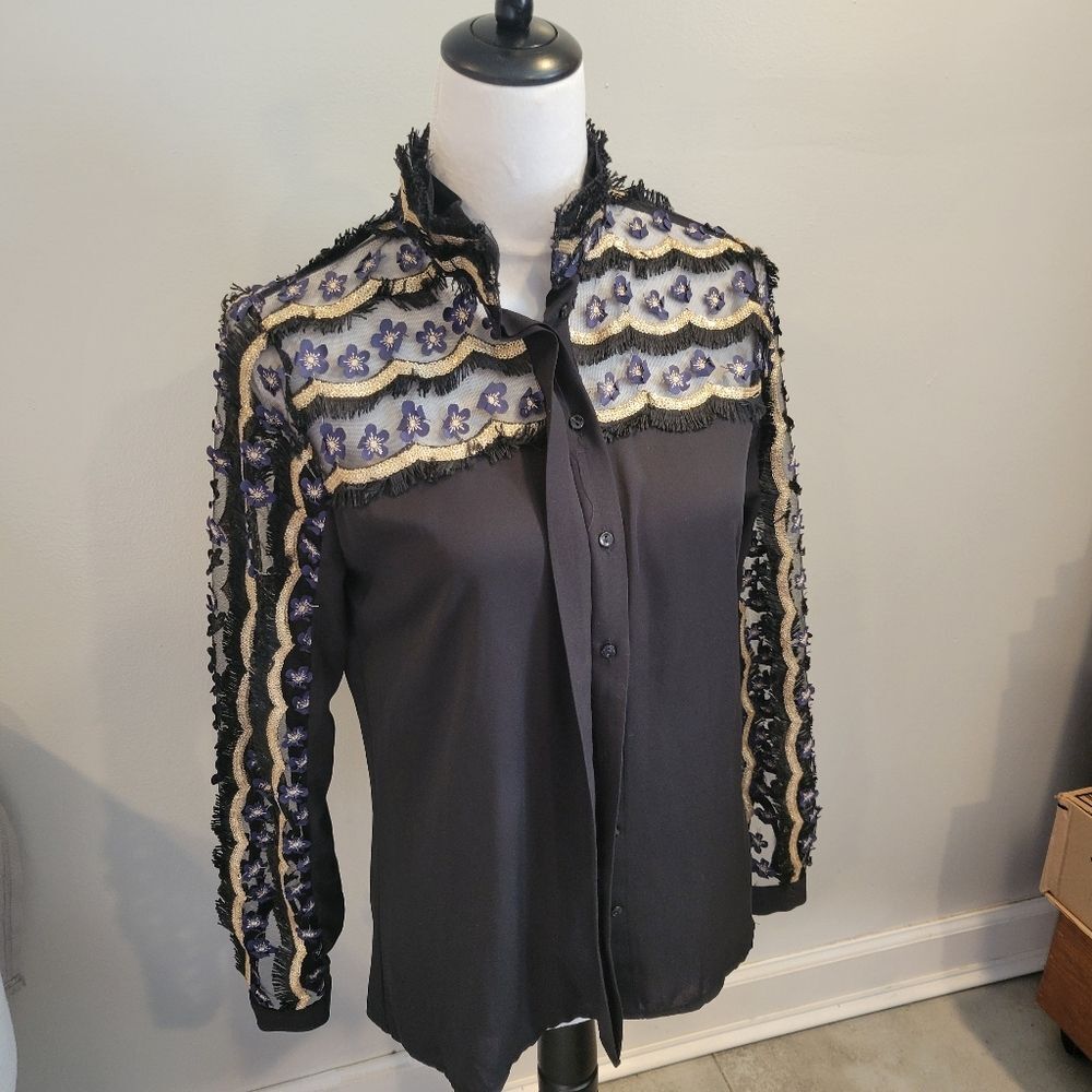 Serpil Black Long Sleeves Floral Blouse Top Size 1 (42)